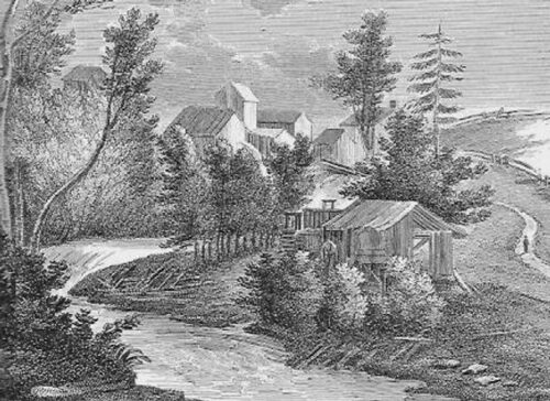 Early Mills along the Upper Falls – Milbert Print Circa 1830s